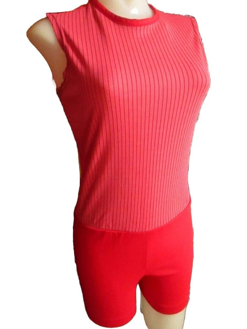 Romper XS True Vintage 1970s Red Sleeveless Ribbed Nylon/Polyester One-Piece